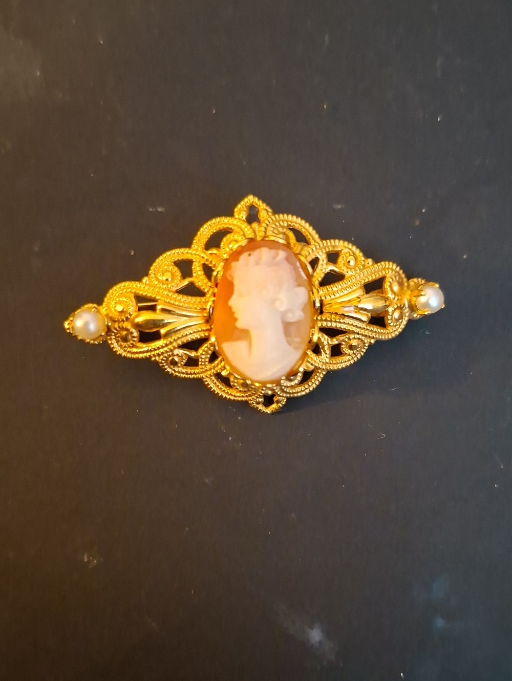 Gold Fill Cameo Faux Pearl Brooch